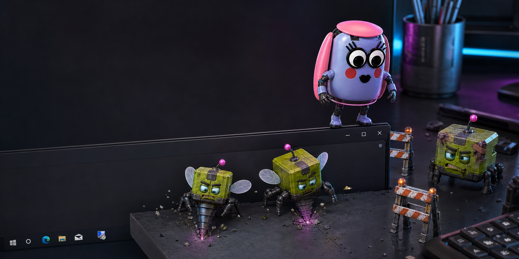 AIMEE and square Bug Boppers living across a desktop