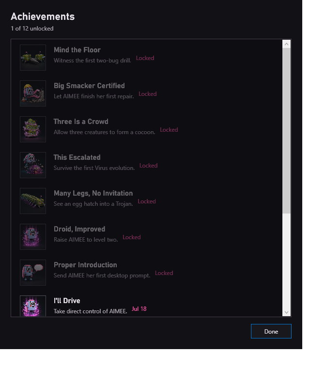 AIMEE Desktop Droid achievements