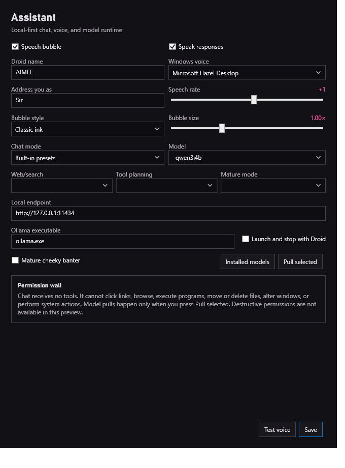 AIMEE Desktop Droid local assistant settings